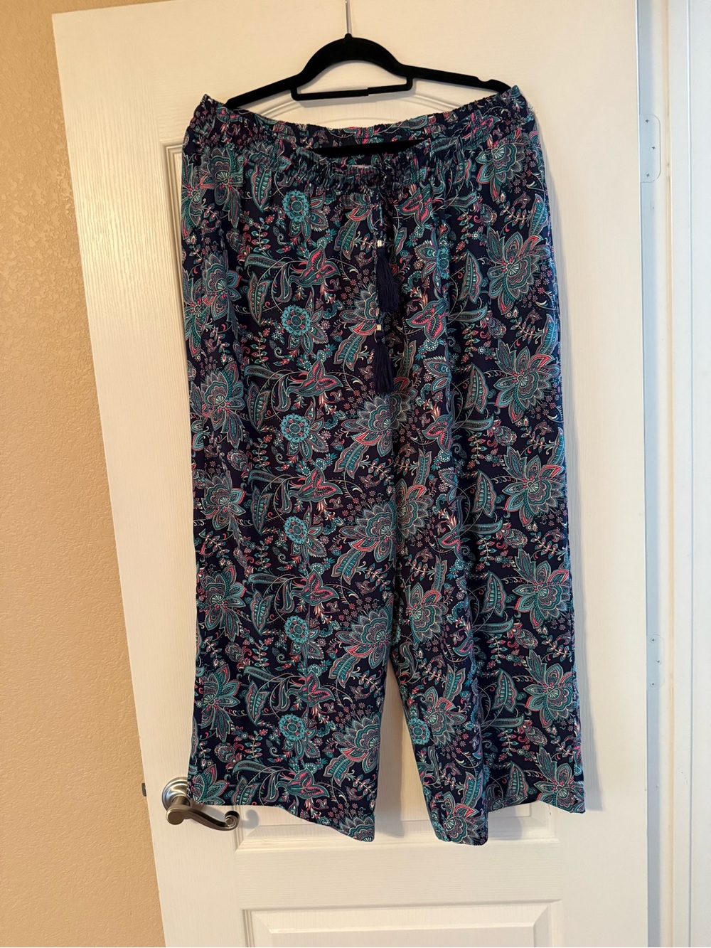 NWT 1X Philosophy Navy Paisley Wide-Leg Pants with Teal & Pink Accents